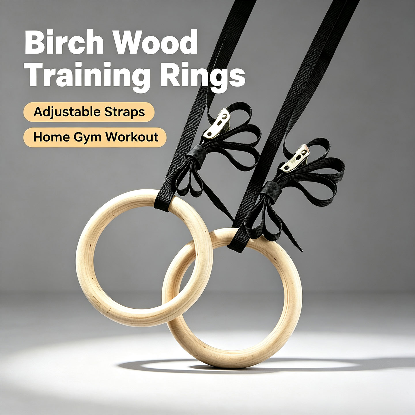 Gymnastic Ring Wood - Cincin Senam Kayu Birch, dengan Tali